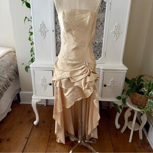 Vintage Jessica McClintock for Gunne Sax Champagne Satin Strapless Hi-Low Gown